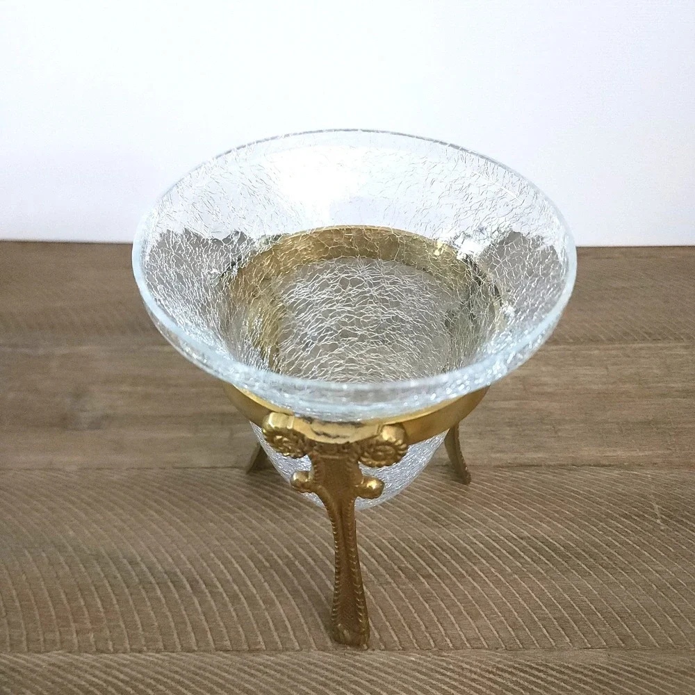 Vintage Crackled Glass Bowl with Decorative Brass‎ Stand